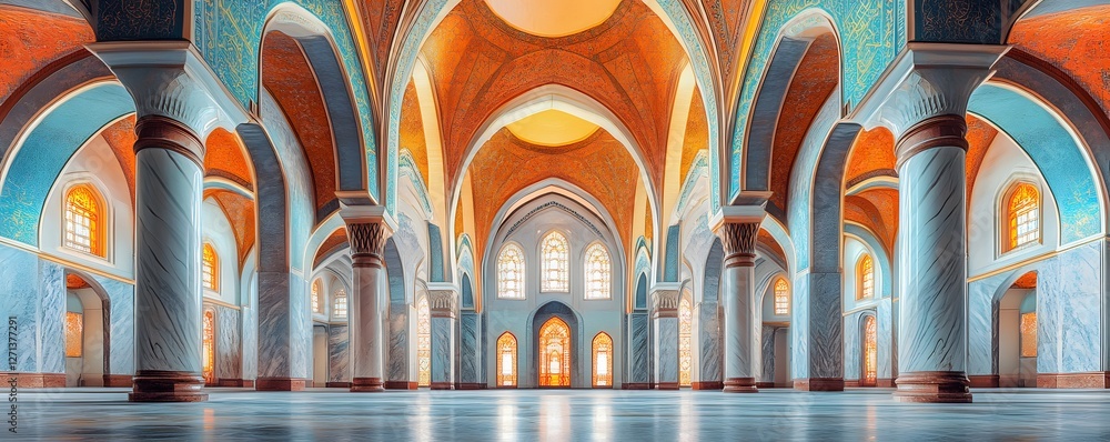 Poster impressive architecture showcases a grand hall with arches and columns