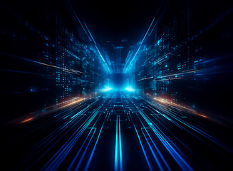 Futuristic tunnel of blue and orange glowing lines converging in perspective. Abstract digital cyberspace, technology, and data flow concept.