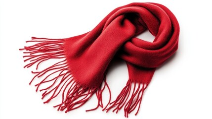 This vibrant red scarf drapes beautifully, showcasing its soft fabric and stylish fringes