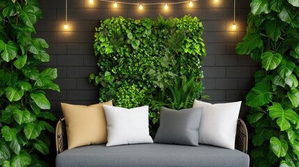 Obraz premium Cozy indoor seating area decorated with greenery and soft pillows, exuding tranquility.