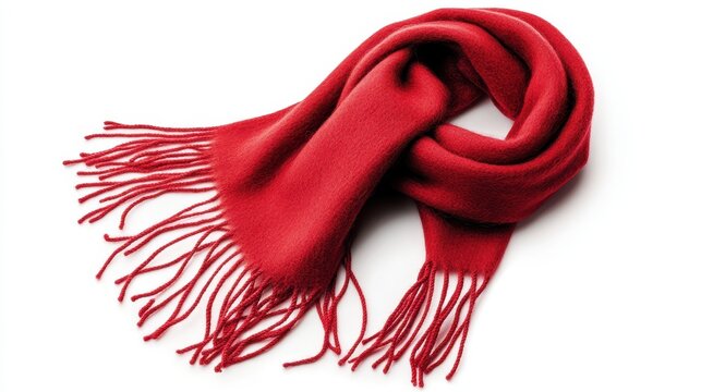 This vibrant red scarf drapes beautifully, showcasing its soft fabric and stylish fringes