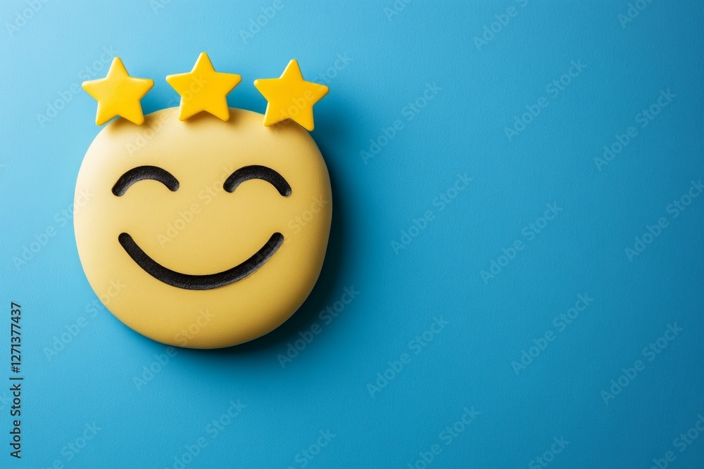 Poster A clean minimalist icon of a smiling face with five stars above it, symbolizing customer satisfaction