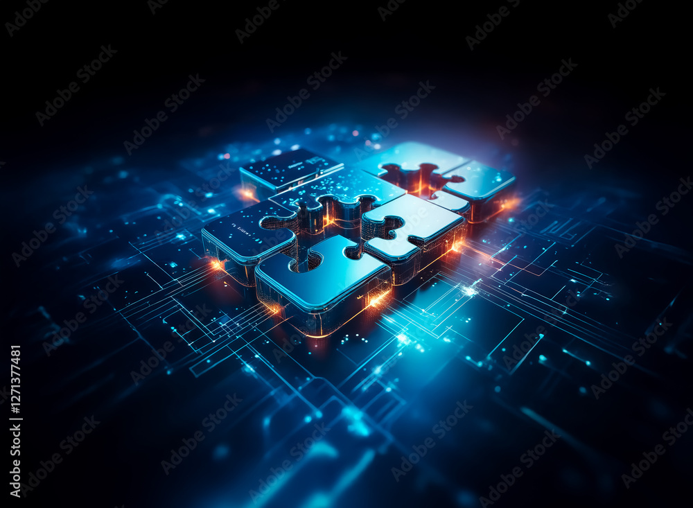 Poster futuristic puzzle pieces are illuminated on a dark circuit board, symbolizing technological integrat