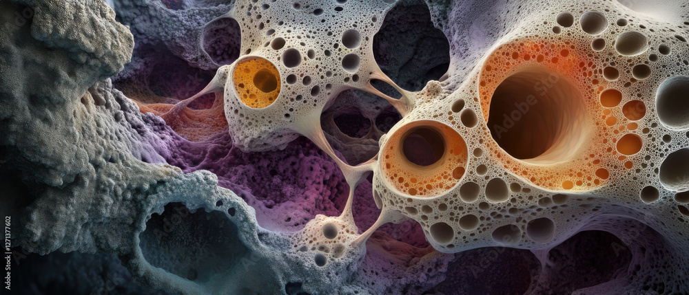 Poster intricate organic structures with vibrant colors and bubble patterns in abstract artistic biological