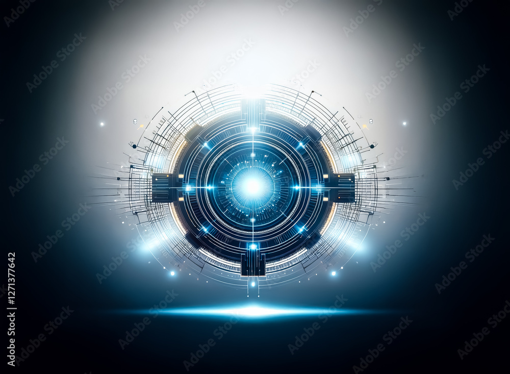 Poster futuristic glowing orb with intricate details. a bright circular technological object emitting blue 