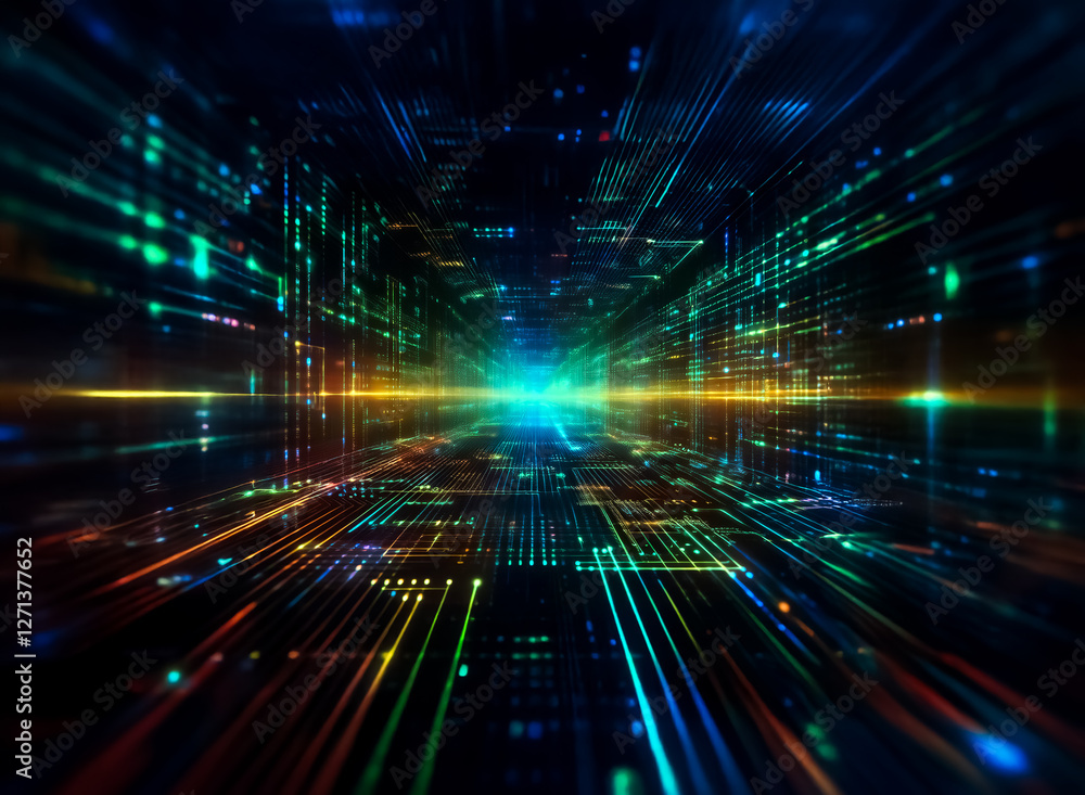 Poster abstract digital tunnel with vibrant lights converging towards a bright point in the distance. dynam