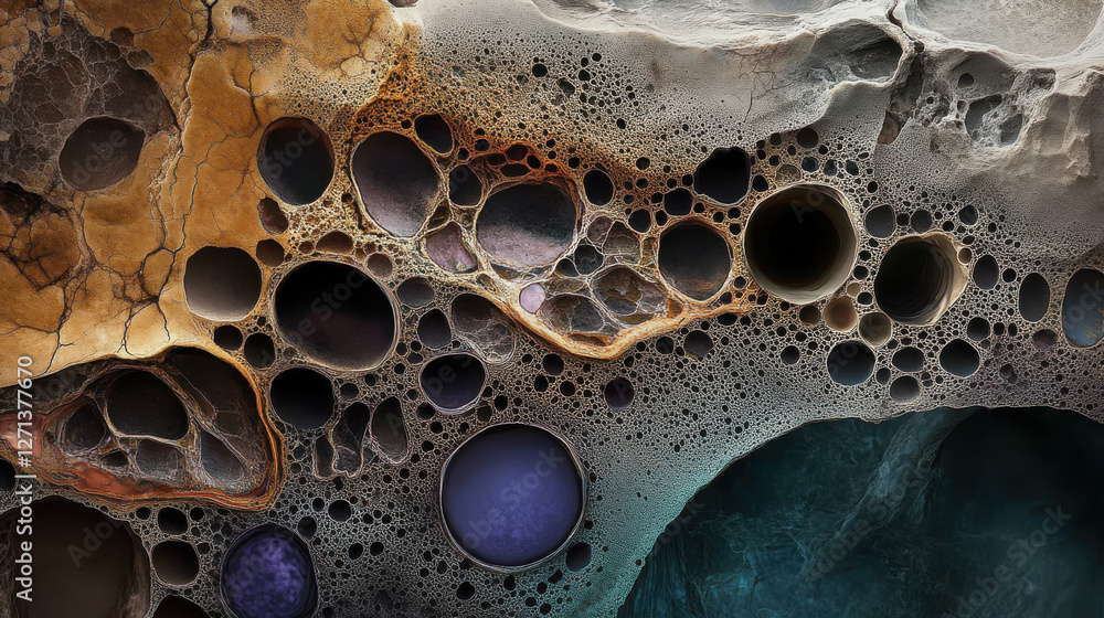 Poster vibrant abstract art with textured circular patterns in earthy tones highlighting complexity and dep