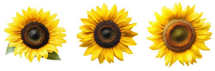 Fototapeta premium Set of A radiant sunflower with vivid yellow petals and a dark brown center on transparent png background. Ai generated