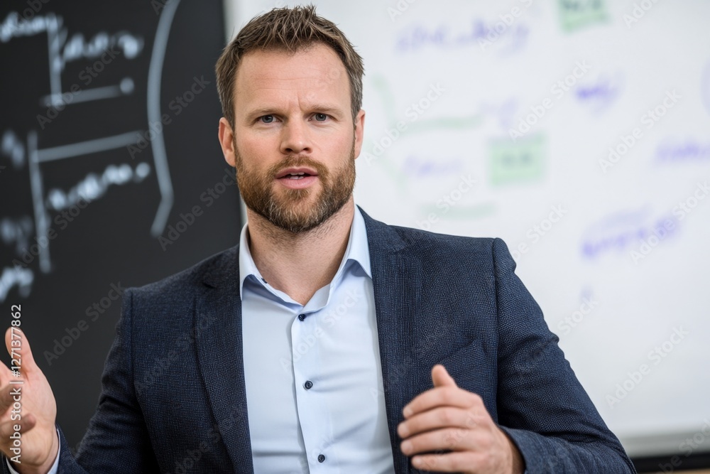 Poster a corporate trainer giving a presentation in a modern office, explaining concepts on a large screen