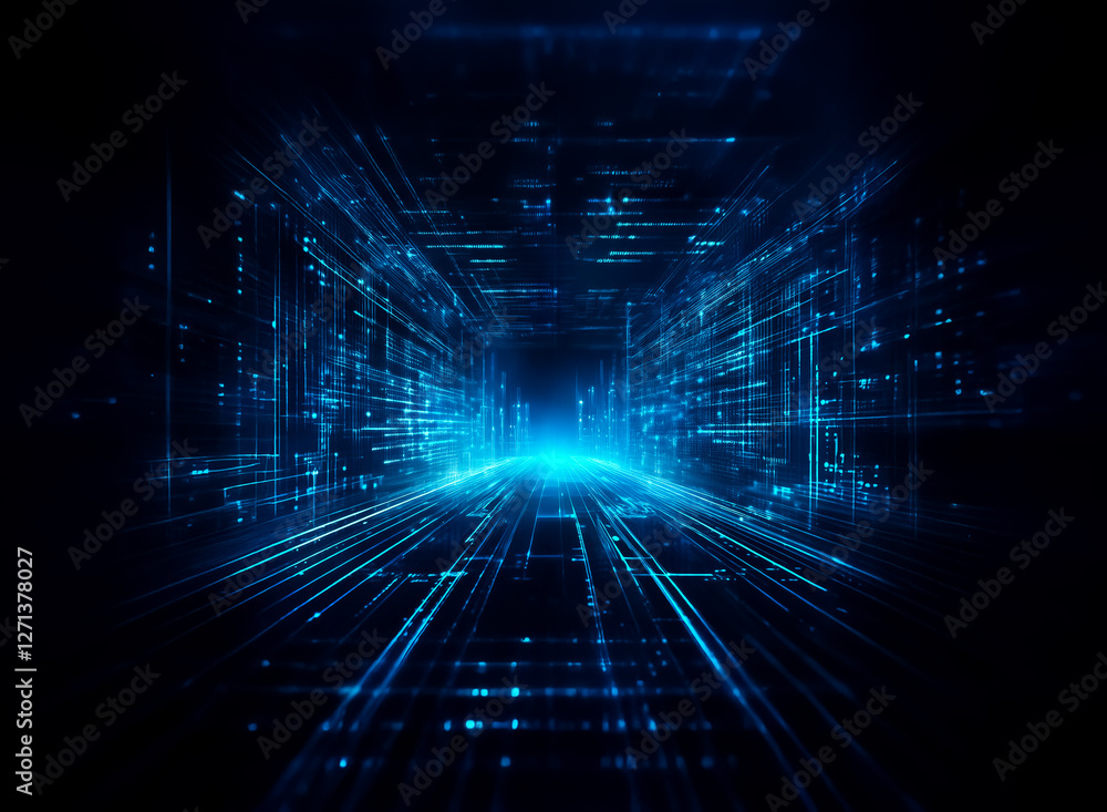 Poster futuristic digital tunnel with blue light streaks on dark. abstract perspective with glowing lines c