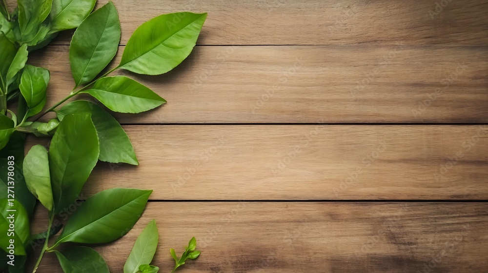 Poster fresh green leaves resting on a wooden table creating a serene organic atmosphere : generative ai