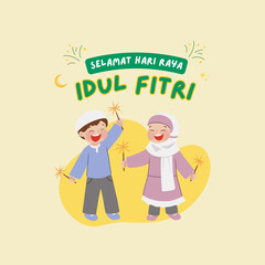 Eid al-Fitr celebration vector featuring cheerful children playing with sparklers, surrounded by a glowing crescent moon. The festive ‘Selamat Hari Raya Idul Fitri’ text in vibrant green adds a joyful