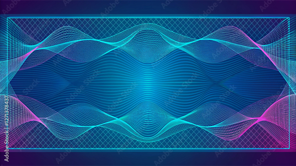 Poster abstract teal and purple wave design with intricate network pattern
