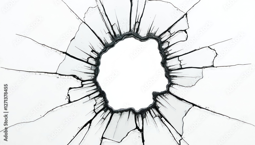 Poster close-up of shattered glass with central hole, cracks radiating outward. abstract pattern destructio