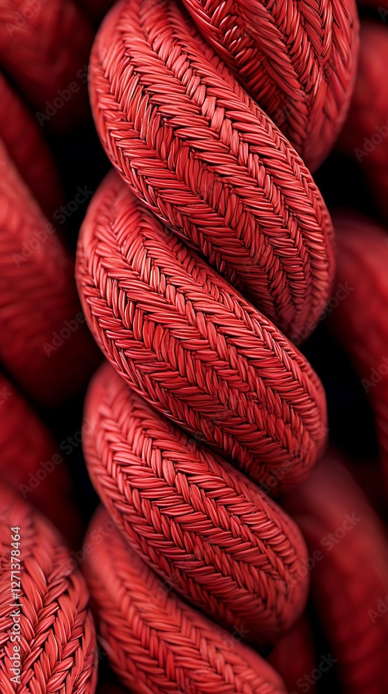 Poster a close-up view of a twisted red rope showcasing its intricate texture and vibrant color.
