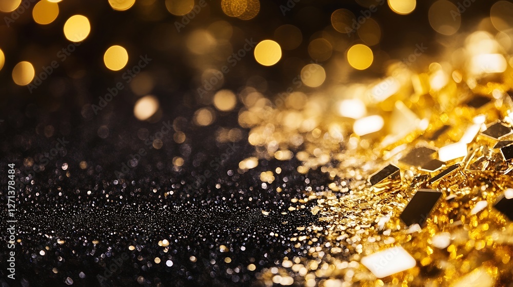 Poster glistening scattered gold flakes on a dark backdrop creating a sense of luxury and allure : generati