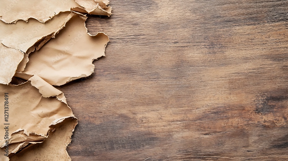 Poster background of torn paper on wood surface illustrating rustic design and natural elements : generativ