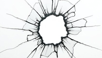 Close-up of shattered glass with central hole, cracks radiating outward. Abstract pattern destruction, damage. Transparent shards create texture, fractured surface. Design element for accident,