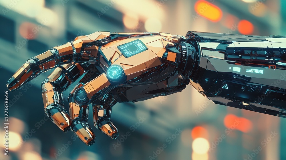 Poster robotic arm futuristic hud background. polygon robo hand as a concept of automatization, machinery a