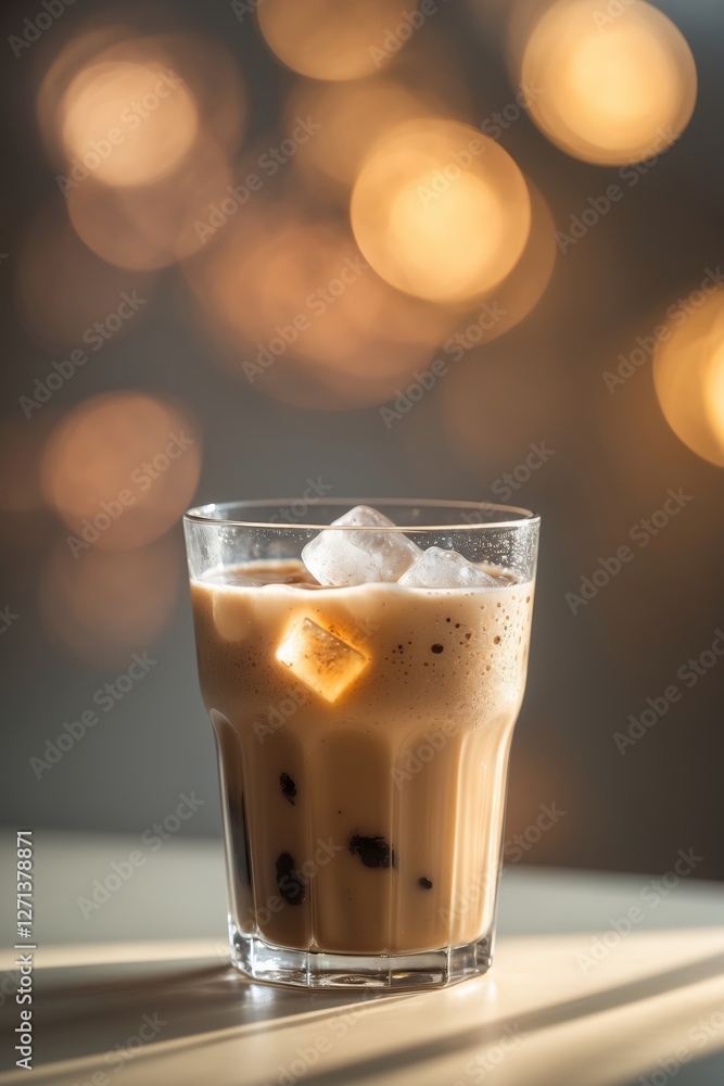 Poster enjoying a refreshing iced coffee drink with ice cubes in a cozy setting filled with soft bokeh ligh