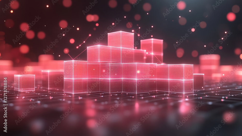 Poster abstract red geometric blocks with glowing edges and soft bokeh effect