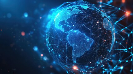 Blockchain technology futuristic hud background with world globe and blockchain polygon peer to peer network. Global cryptocurrency fintech business banner concept.