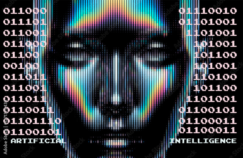 Poster futuristic vector illustration of a digital face with iridescent, pixelated textures on a black back