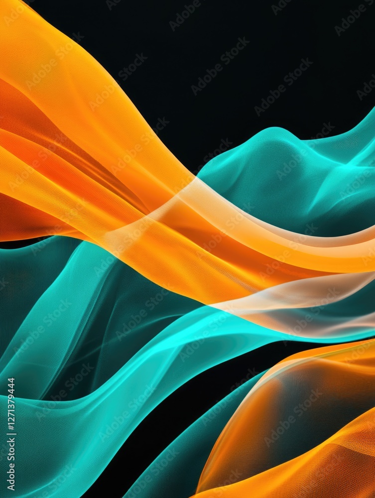 Poster modern digital art with colorful abstract lines forming a fluid motion on dark background
