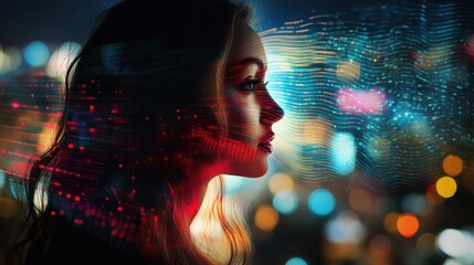 Creative digital wave with interface on blurry night city background. Technology, future and protection concept. Double exposure