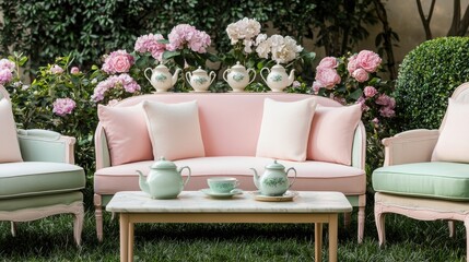 Elegant outdoor seating with pastel colors and floral backdrop for relaxation.