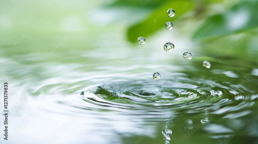 Poster close up of water droplets falling gently on calm water surface : generative ai