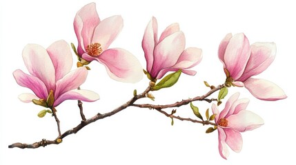 Obraz premium Watercolor spring blooming magnolia tree branches clipart, isolated illustration on white background