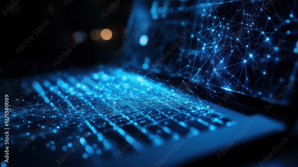 Poster close up of laptop computer with blue polygonal mesh. technology, security and web hacking concept. 