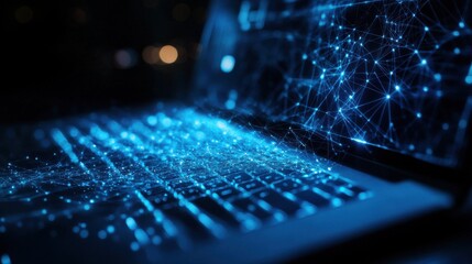 Close up of laptop computer with blue polygonal mesh. Technology, security and web hacking concept. Double exposure