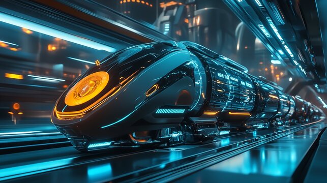 Futuristic High Speed Train Modern Transportation System Digital Art Neon Lights Sci Fi Vehicle Electric Railway Innovative Design Advanced Technology