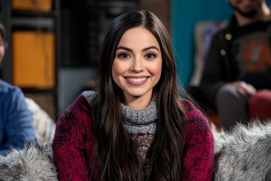 A TV sitcom scene featuring a group of friends laughing in a cozy apartment setting