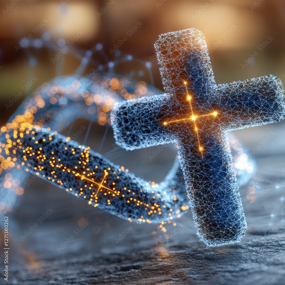Poster abstract glowing cross design with particles and light effects on a dark background for religious an