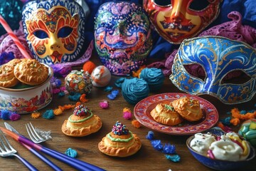 Fototapeta premium Traditional carnival masks and pastries on a table with various candies and sweets.