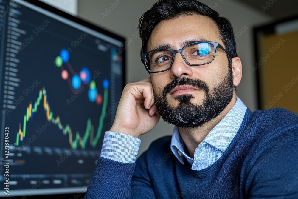 Poster A data analyst reviewing complex statistical graphs on a high-resolution monitor in a modern office