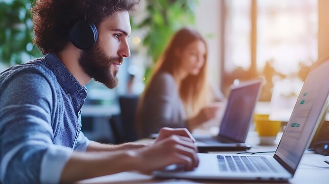 Young man in headphones intensely focused on laptop screen while working alongside a woman in a modern workspace : Generative AI