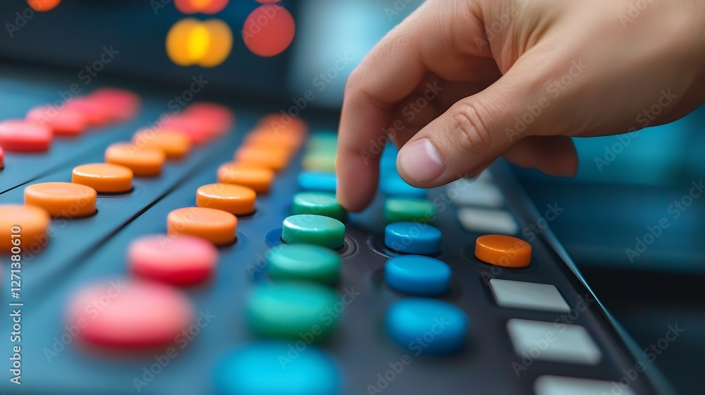 Poster a close-up of a hand pressing a colorful button on a control panel, showcasing various vibrant butto
