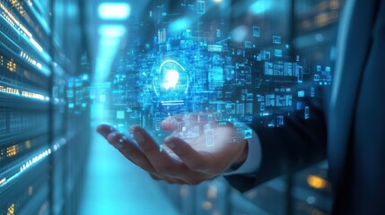 Double exposure of businessman hand showing leader on server background as concept