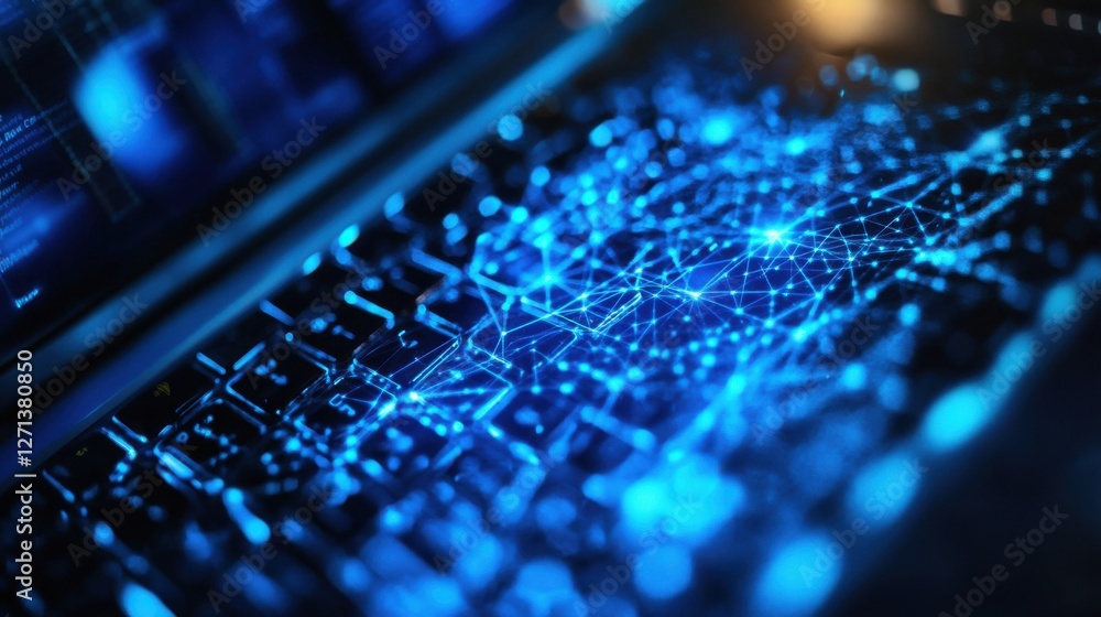 Poster close up of laptop computer with blue polygonal mesh. technology, security and web hacking concept. 