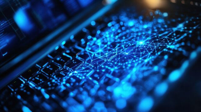 Close up of laptop computer with blue polygonal mesh. Technology, security and web hacking concept. Double exposure