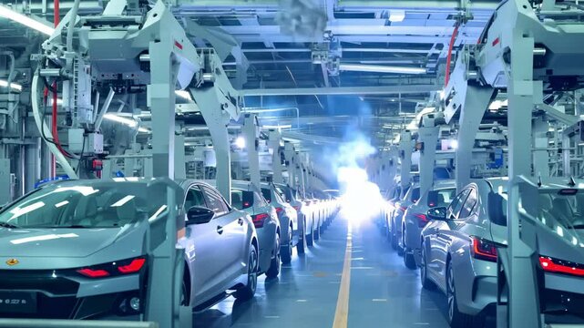 A car assembly line with many cars on it. The cars are all grey and are being built in a factory