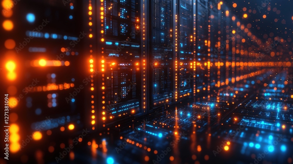 Poster data center illuminated by vibrant light and technology patterns