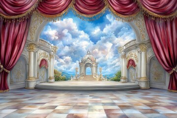 A delicate watercolor painting of a grand theater with rich red curtains and elegant chandeliers