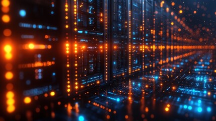 Obraz premium Data Center Illuminated by Vibrant Light and Technology Patterns