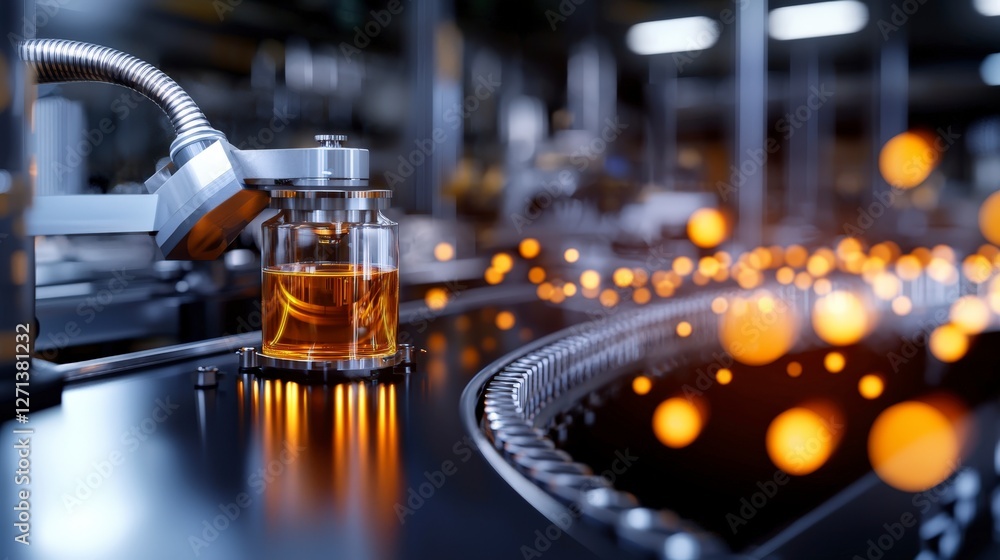 Aufkleber automated production line for bottling beverage in modern factory with high-tech machinery and orang