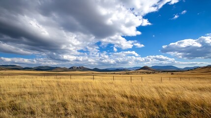 Fototapeta premium Expansive golden field under a blue sky adorned with clouds showcasing a serene landscape view : Generative AI